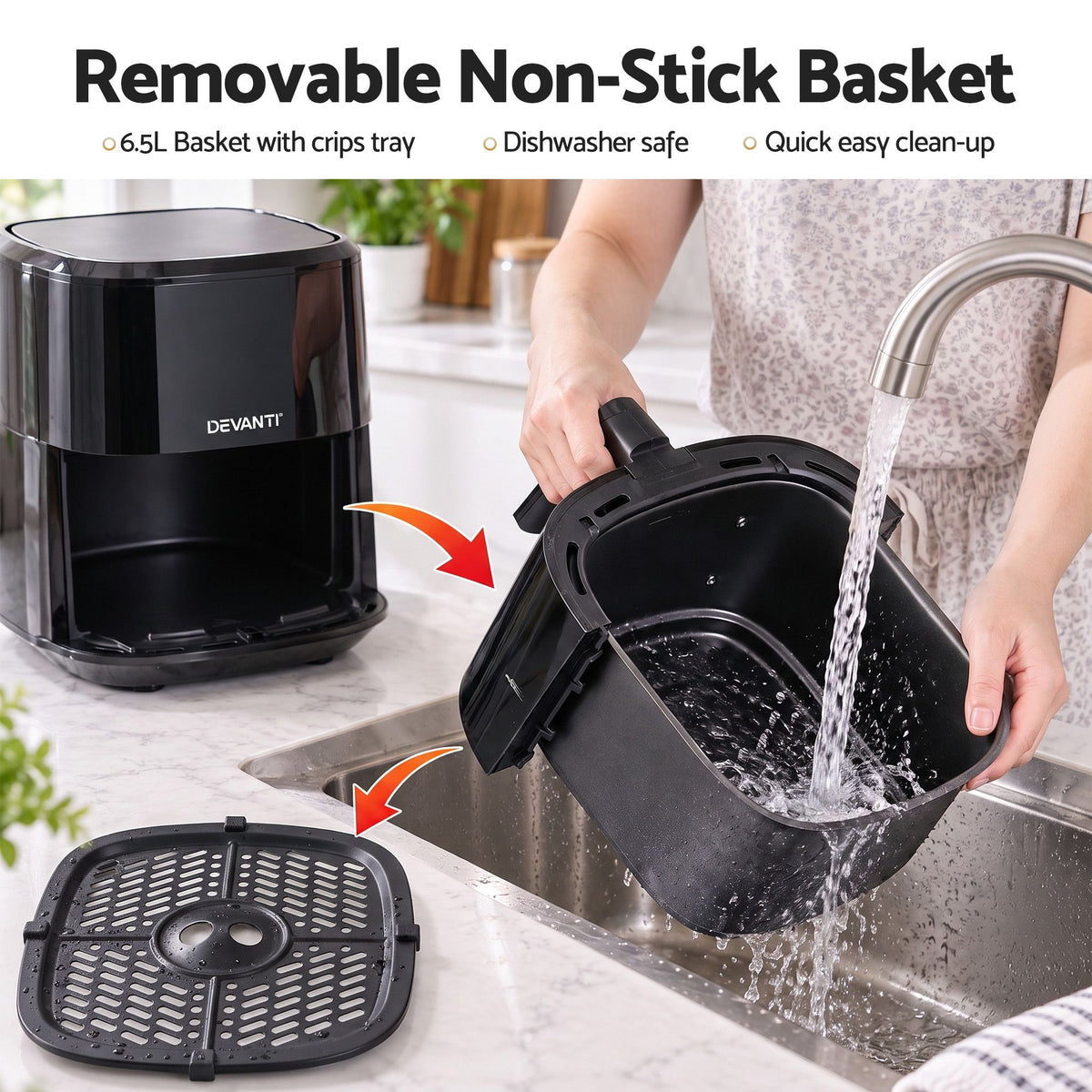 Devanti Air Fryer 6.5L 1700W Digital Touch 8 Presets Non-Stick Basket Black-Appliances > Kitchen Appliances > Air Fryers-PEROZ Accessories
