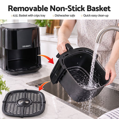 Devanti Air Fryer 6.5L 1700W Digital Touch 8 Presets Non-Stick Basket Black-Appliances > Kitchen Appliances > Air Fryers-PEROZ Accessories