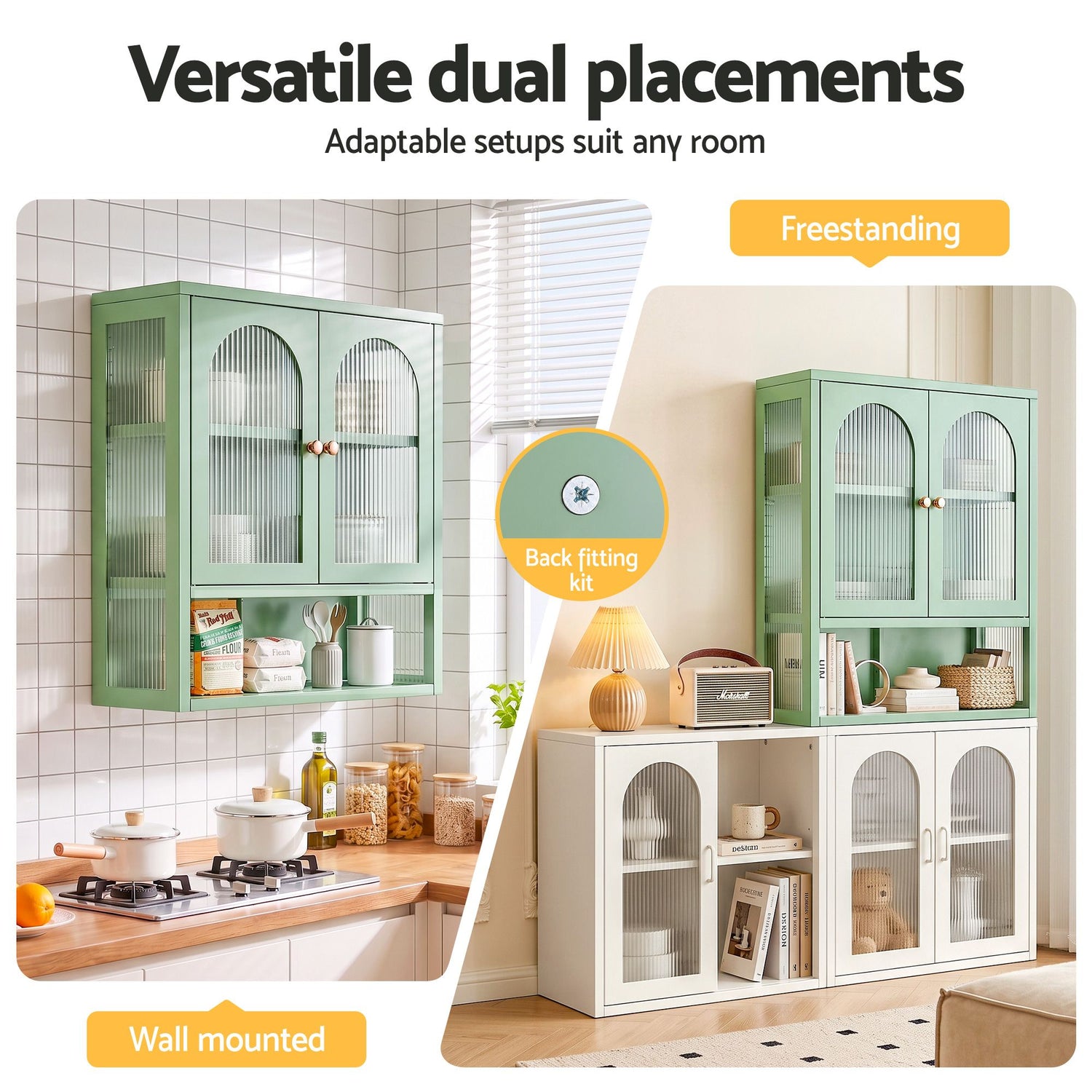 Artiss Buffet Cabinet Sideboard Wall Mounted Fluted Display Storage 70cm Green