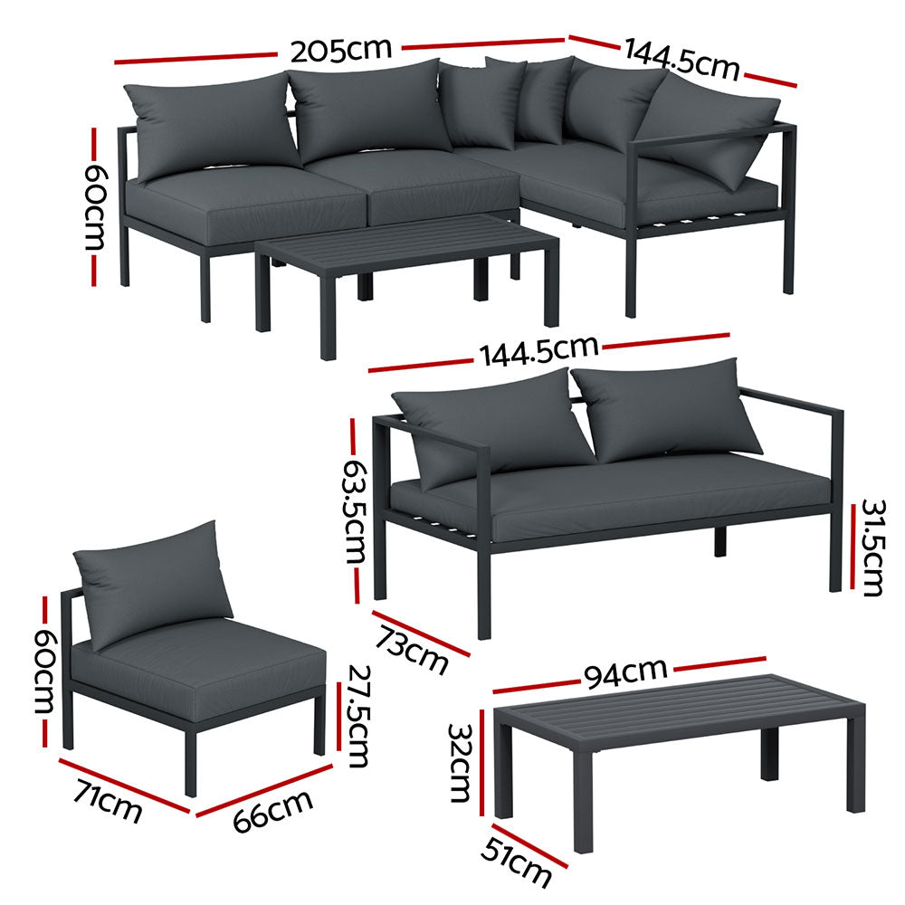 Gardeon 4 Seater Outdoor Sofa Set Aluminium Patio Furniture Setting 4PC Charcoal-Furniture &gt; Outdoor &gt; Outdoor Sofas &amp; Lounge Sets-PEROZ Accessories