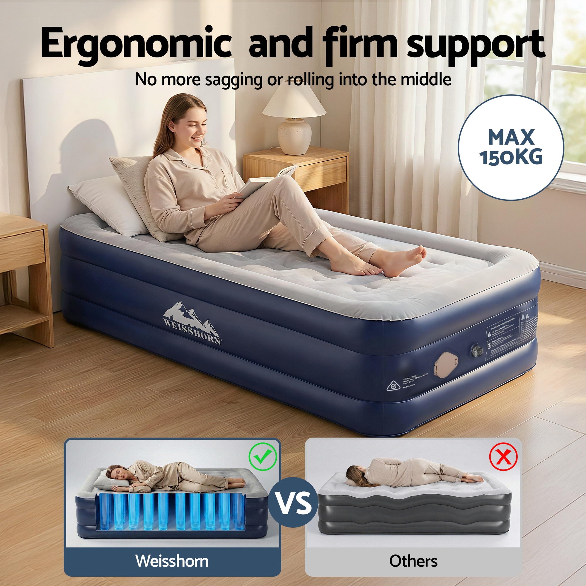 Weisshorn Air Mattress Single Inflatable Bed 46cm Air bed Cube-Outdoor Recreation > Camping > Inflatable Mattresses-PEROZ Accessories