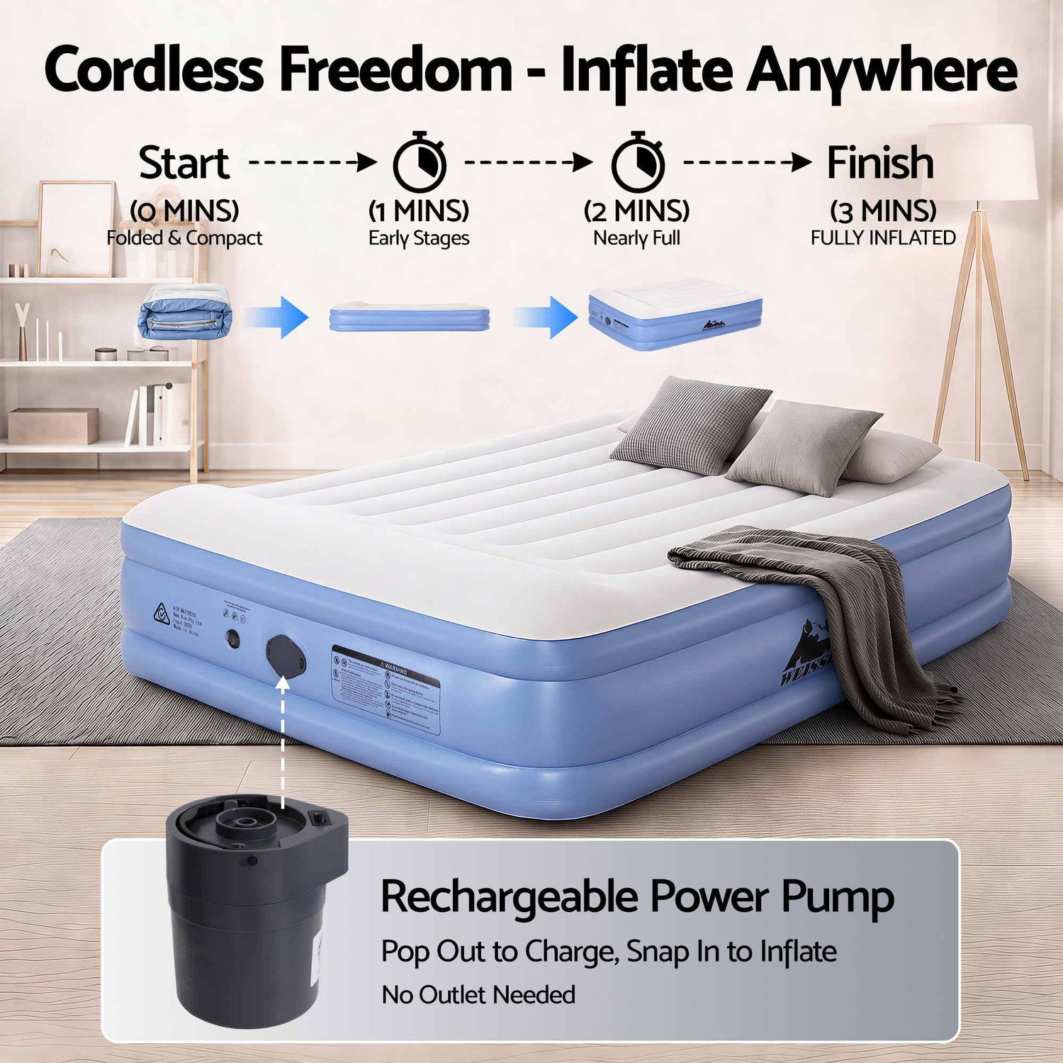 Weisshorn Queen Air Mattress with Rechargeable Cordless Pump 46cm-Outdoor Recreation > Camping > Inflatable Mattresses-PEROZ Accessories