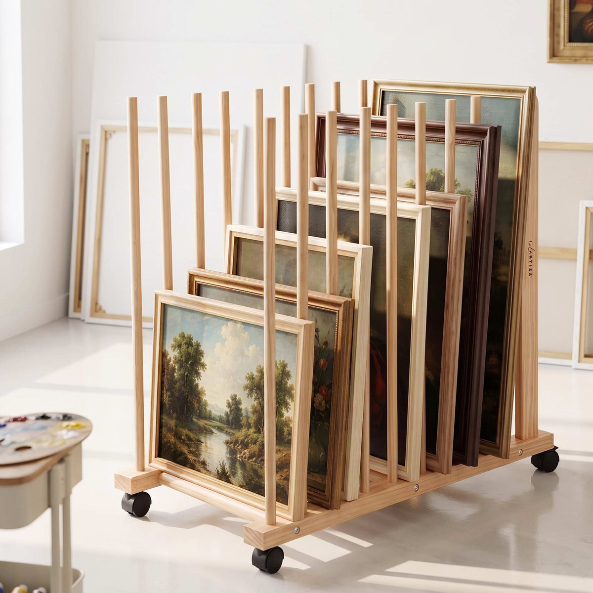 Artiss Art Drying &amp; Storage Rack with Caster Wheels, Solid Wood Adjustable Slots Rack for Drawing Boards, Panels, Paintings, Artworks Display