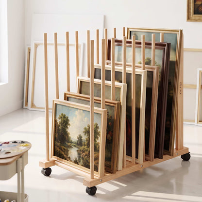 Artiss Art Drying &amp; Storage Rack with Caster Wheels, Solid Wood Adjustable Slots Rack for Drawing Boards, Panels, Paintings, Artworks Display