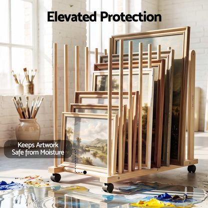 Artiss Art Drying &amp; Storage Rack with Caster Wheels, Solid Wood Adjustable Slots Rack for Drawing Boards, Panels, Paintings, Artworks Display