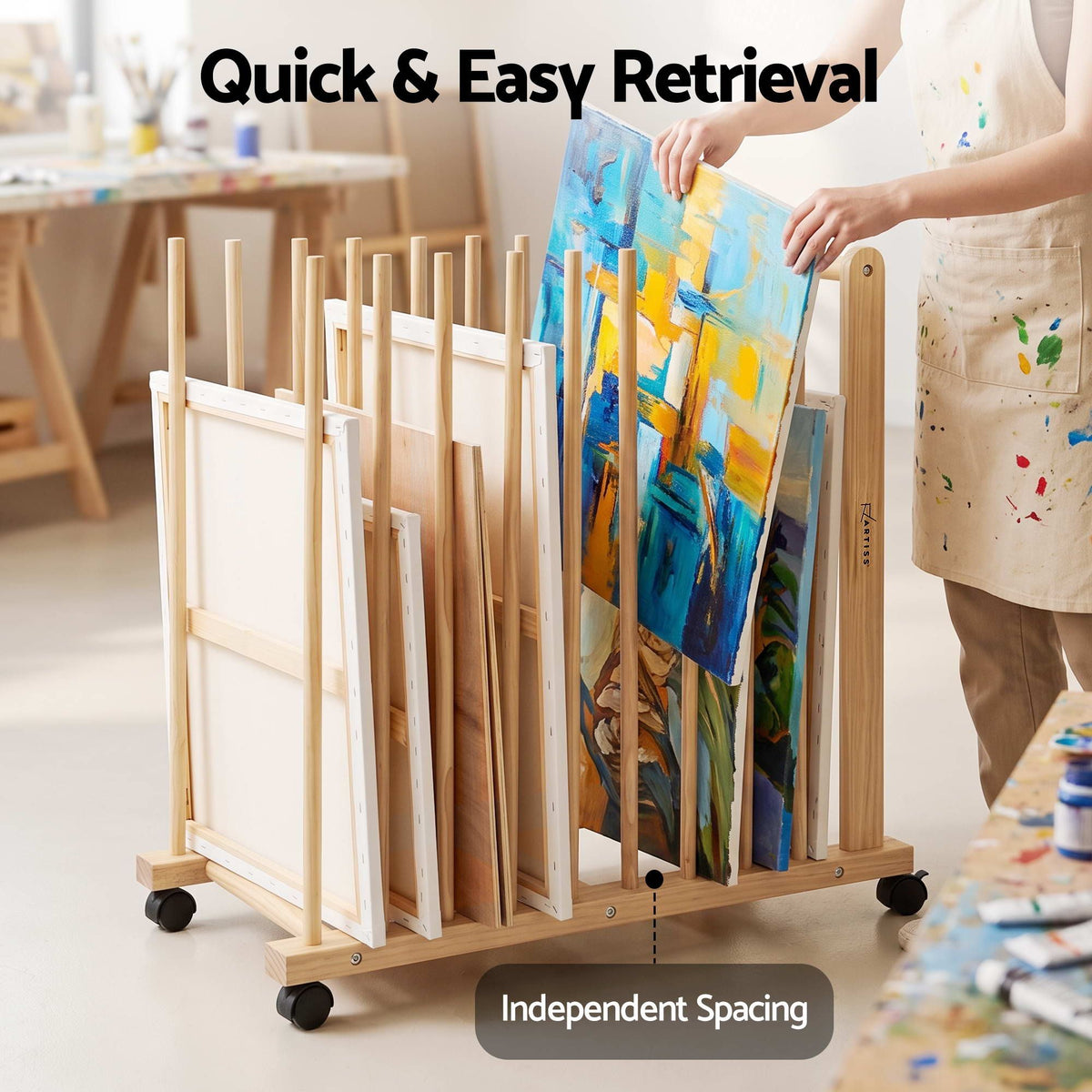 Artiss Art Drying &amp; Storage Rack with Caster Wheels, Solid Wood Adjustable Slots Rack for Drawing Boards, Panels, Paintings, Artworks Display