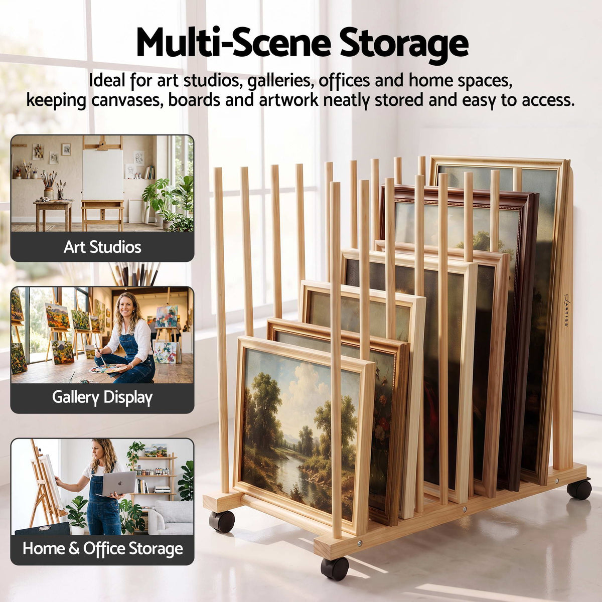 Artiss Art Drying &amp; Storage Rack with Caster Wheels, Solid Wood Adjustable Slots Rack for Drawing Boards, Panels, Paintings, Artworks Display