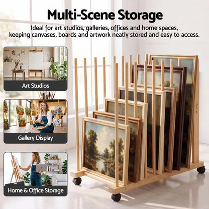 Artiss Art Drying &amp; Storage Rack with Caster Wheels, Solid Wood Adjustable Slots Rack for Drawing Boards, Panels, Paintings, Artworks Display