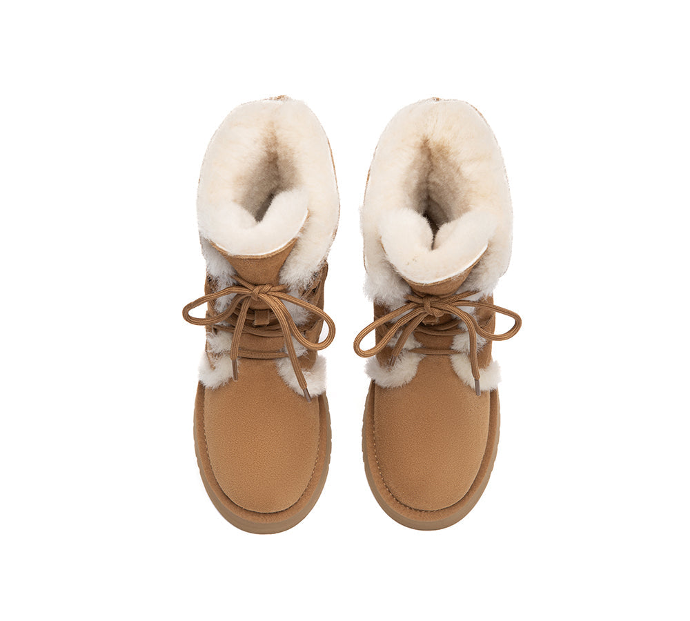 AUSTRALIAN SHEPHERD UGG Boots Sheepskin Wool Lace Up Platform Short Brunor-UGG Boots-PEROZ Accessories