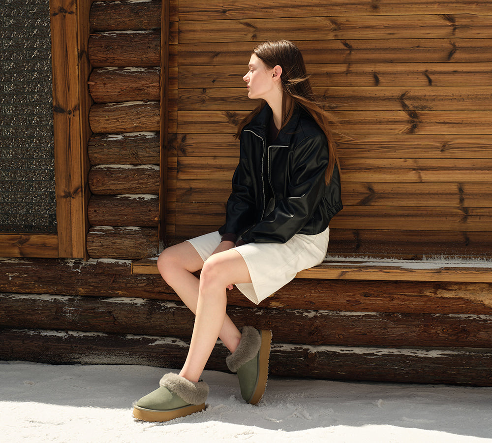 AUSTRALIAN SHEPHERD UGG Slippers Sheepskin Wool Collar Ankle Platform Glacial-UGG Slippers-PEROZ Accessories