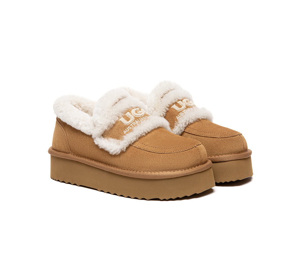 AUSTRALIAN SHEPHERD UGG Slippers Women Sheepskin Wool Ankle Platform Loafers Rilee-UGG Slippers-PEROZ Accessories