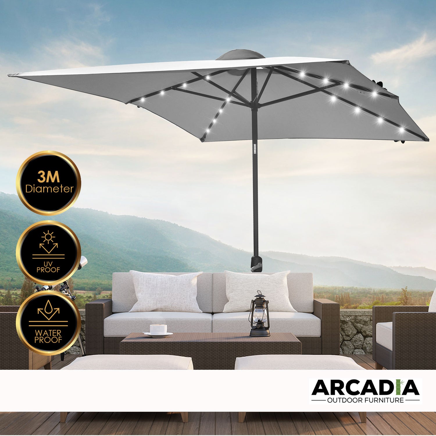 Arcadia Furniture Umbrella 3 Metre Umbrella with Solar LED Lights Garden Yard - Grey-Home &amp; Garden > Shading > Canopies &amp; Gazebos-PEROZ Accessories