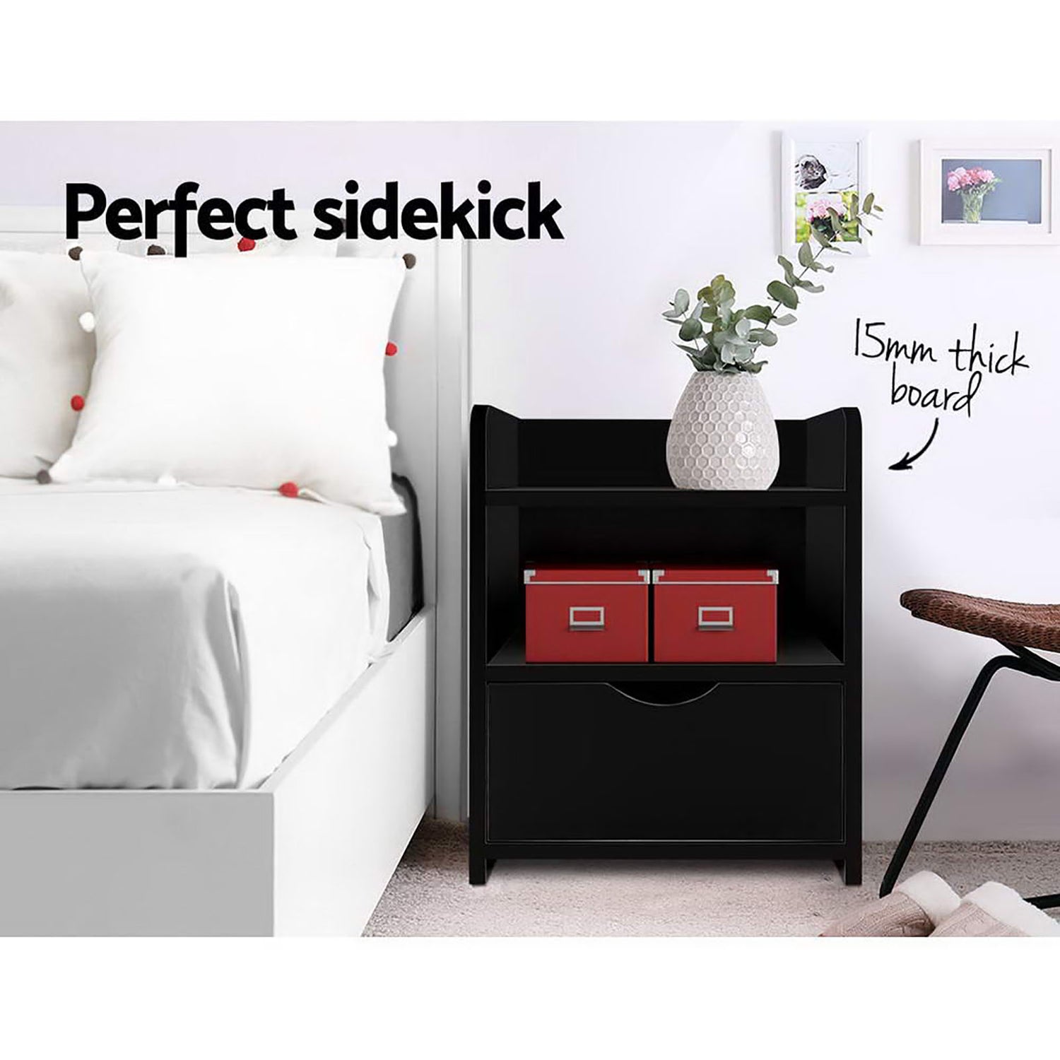 Artiss 2X Bedside Table 1 Drawer with Shelf - FARA Black-Furniture > Bedroom > Bedside Tables-PEROZ Accessories