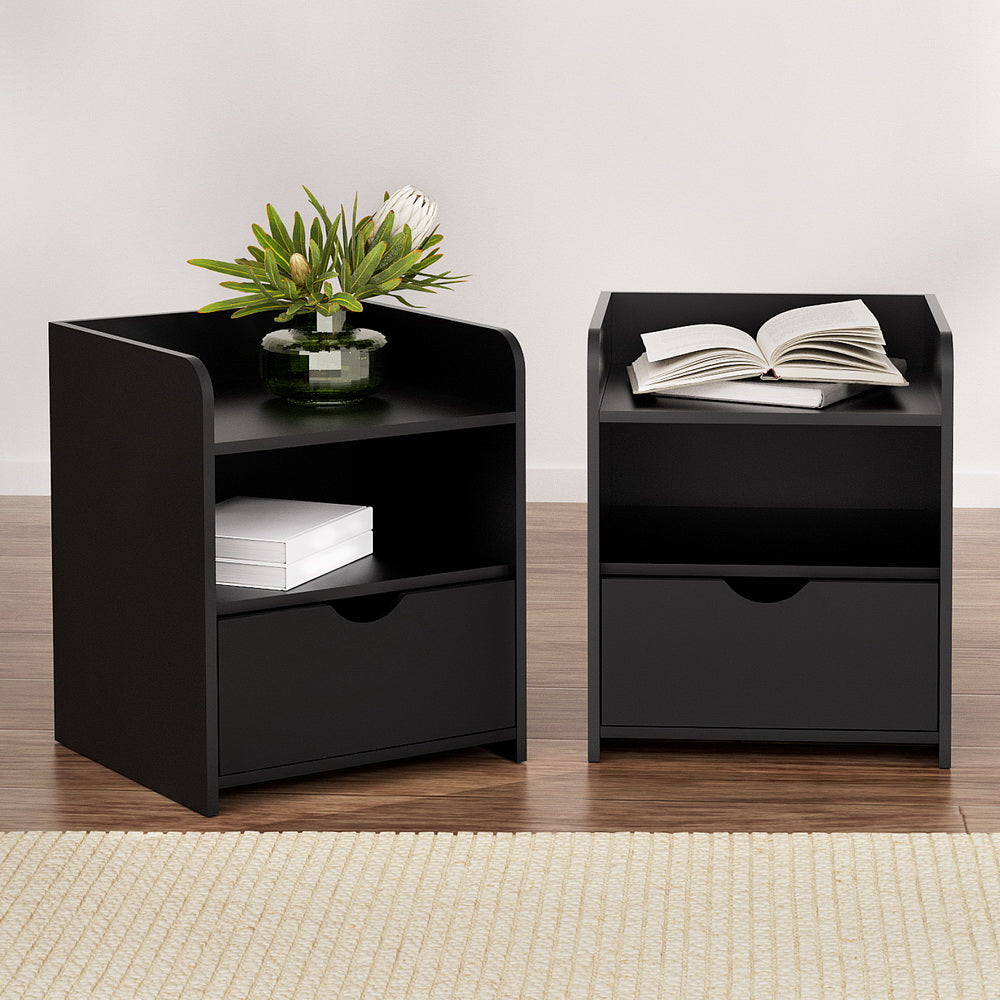 Artiss 2X Bedside Table 1 Drawer with Shelf - FARA Black-Furniture > Bedroom > Bedside Tables-PEROZ Accessories