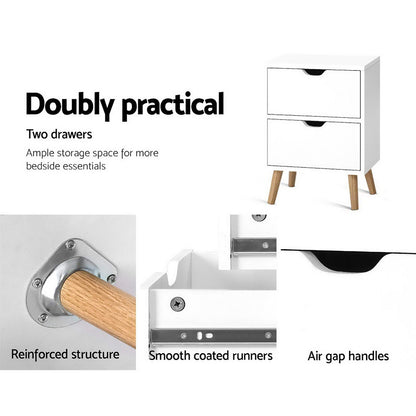 Artiss 2X Bedside Table 2 Drawers - BODEN White-Furniture > Bedroom > Bedside Tables-PEROZ Accessories