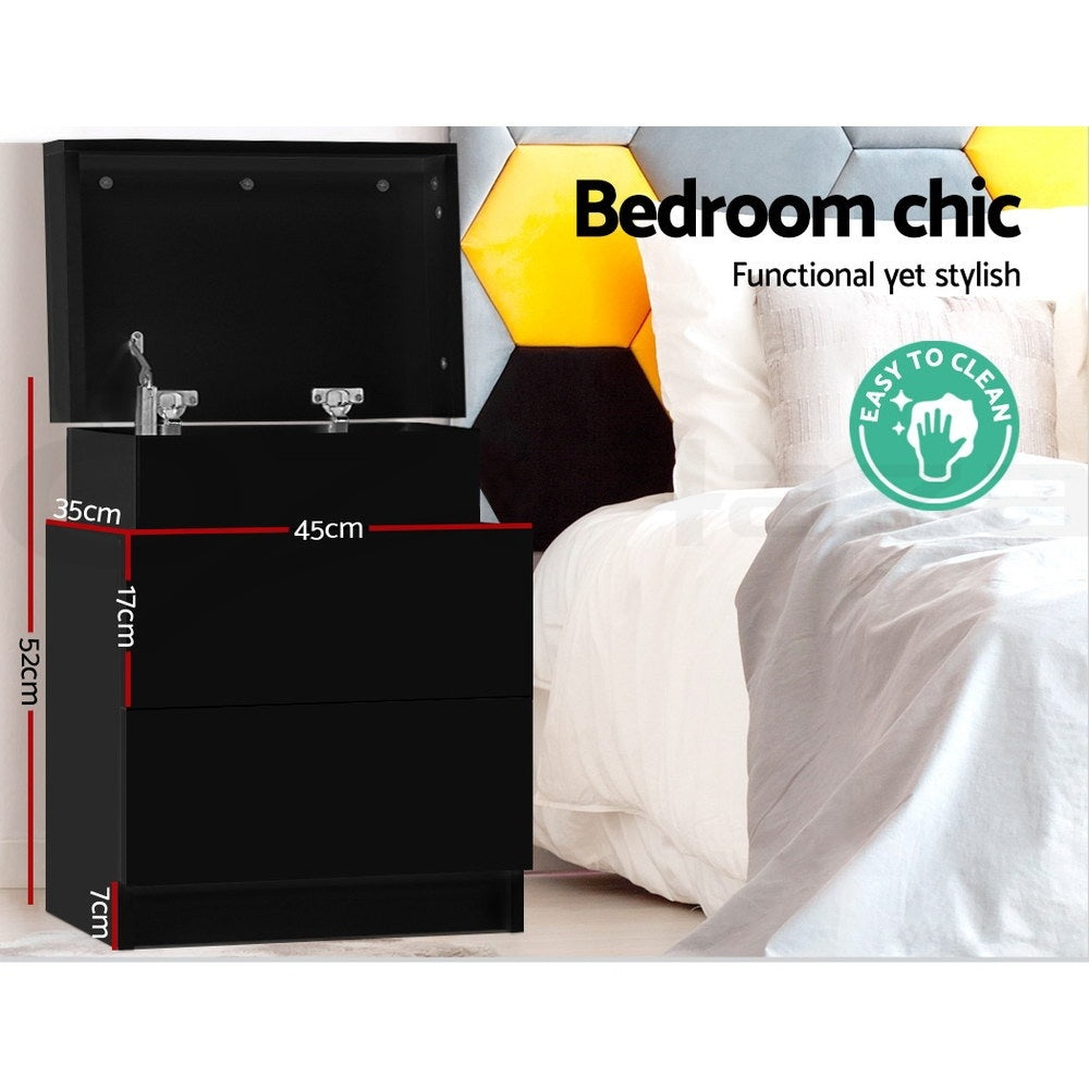 Artiss 2X Bedside Table 2 Drawers Lift-up Storage Black-Furniture > Bedroom > Bedside Tables-PEROZ Accessories