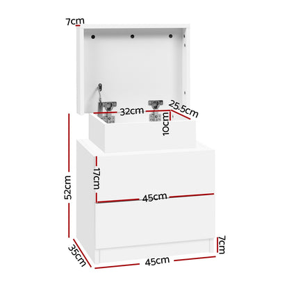 Artiss 2X Bedside Table 2 Drawers Lift-up Storage White-Furniture > Bedroom > Bedside Tables-PEROZ Accessories