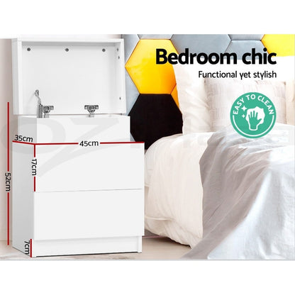 Artiss 2X Bedside Table 2 Drawers Lift-up Storage White-Furniture > Bedroom > Bedside Tables-PEROZ Accessories