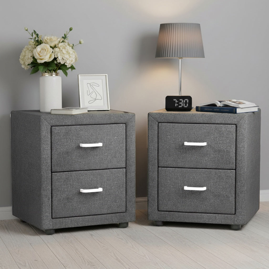 Artiss 2X Bedside Table 2 Drawers Side Table Fabric - CADEN Grey-Furniture > Bedroom > Bedside Tables-PEROZ Accessories