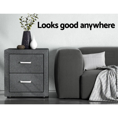 Artiss 2X Bedside Table 2 Drawers Side Table Fabric - CADEN Grey-Furniture > Bedroom > Bedside Tables-PEROZ Accessories