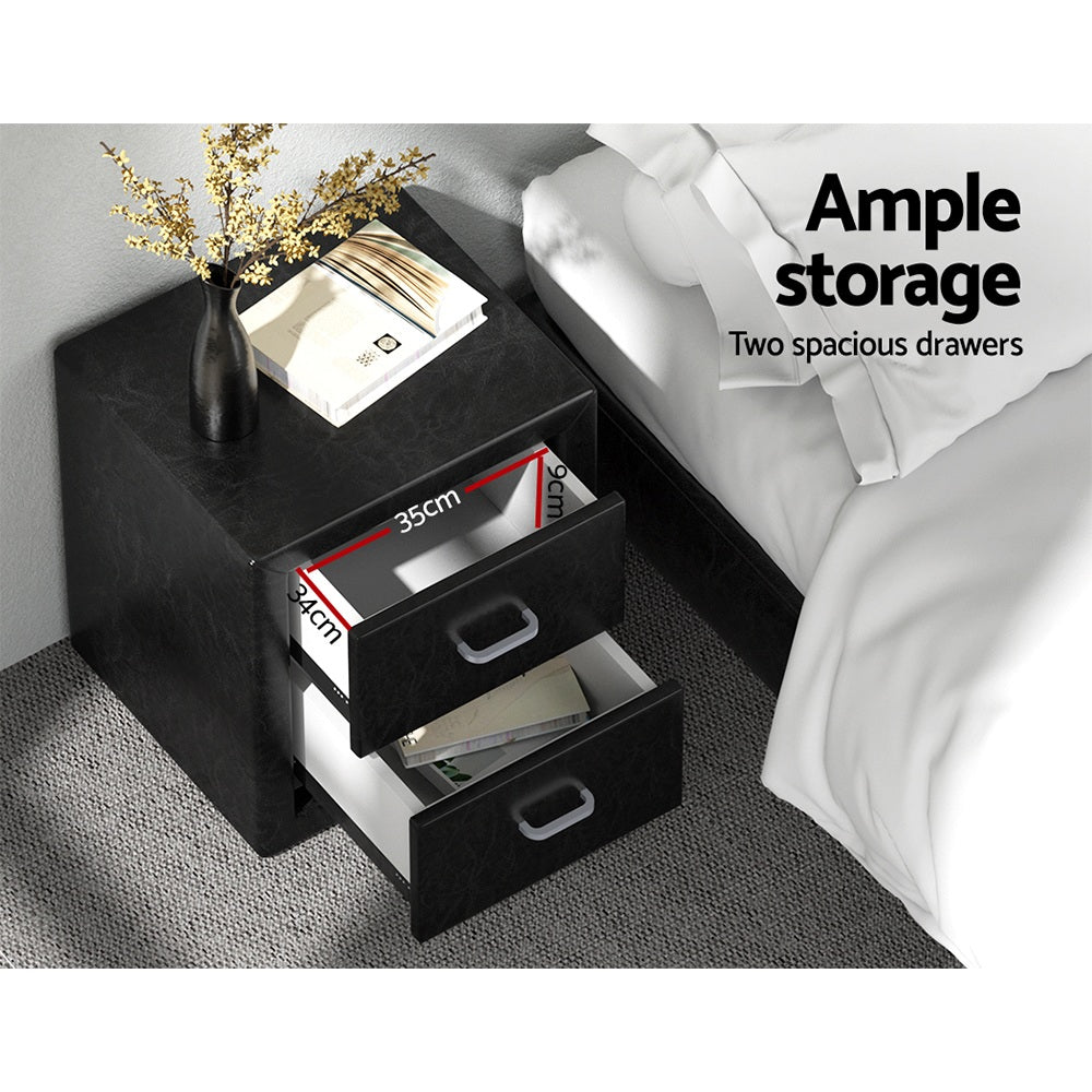 Artiss 2X Bedside Table 2 Drawers Side Table Leather - CADEN Black-Furniture > Bedroom > Bedside Tables-PEROZ Accessories