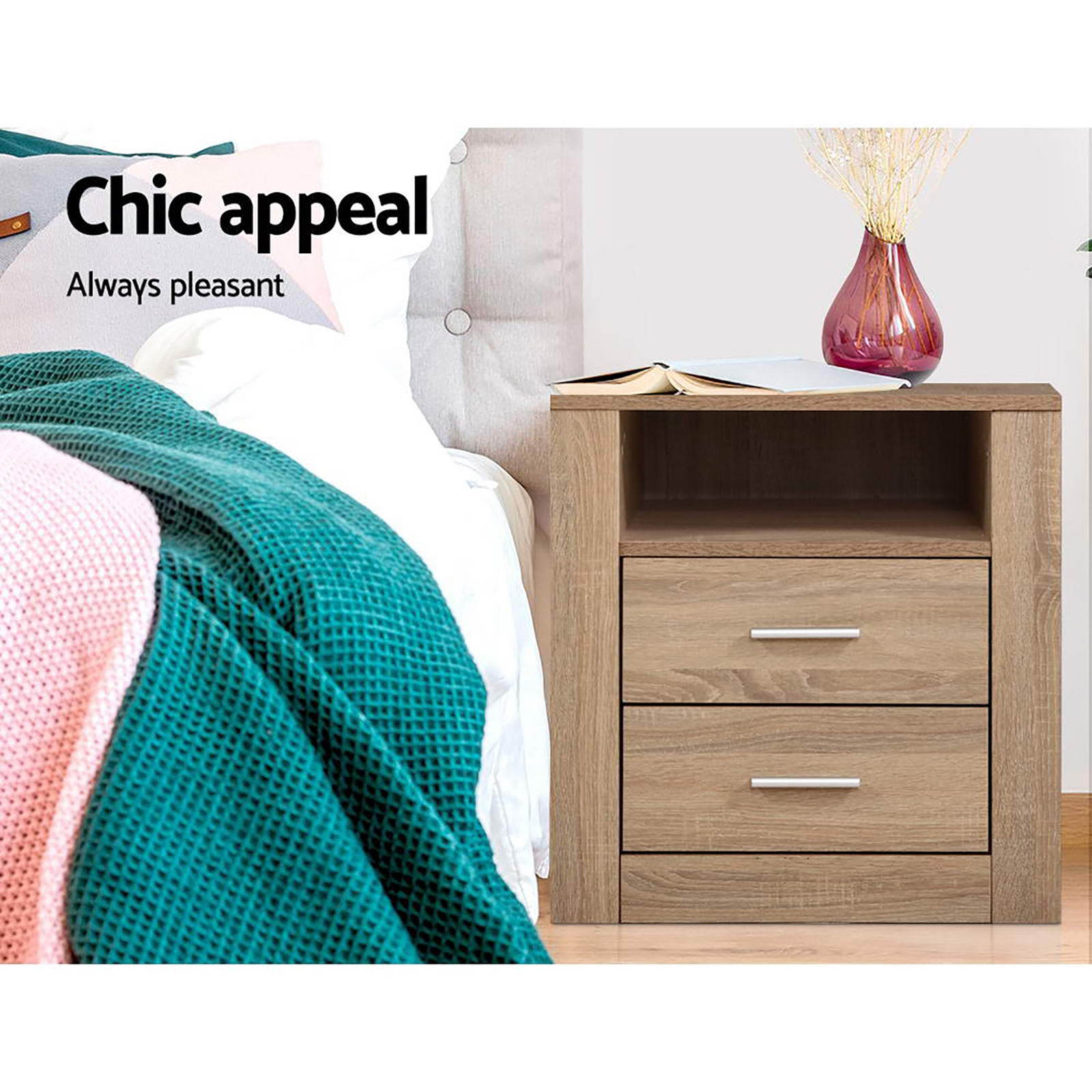 Artiss 2X Bedside Table 2 Drawers with Shelf - TARA Oak-Furniture > Bedroom > Bedside Tables-PEROZ Accessories