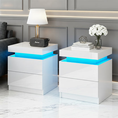 Artiss 2X Bedside Table LED 2 Drawers Lift-up Storage - COLEY White-Furniture > Bedroom > Bedside Tables-PEROZ Accessories