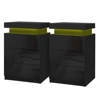 Artiss 2X Bedside Table LED 3 Drawers - COLEY Black-Furniture > Bedroom > Bedside Tables-PEROZ Accessories
