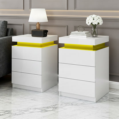 Artiss 2X Bedside Table LED 3 Drawers - COLEY White-Furniture > Bedroom > Bedside Tables-PEROZ Accessories