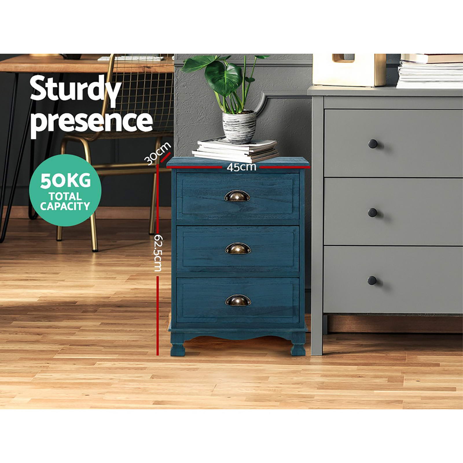 Artiss 2x Bedside Table 3 Drawers Vintage - THYME Blue-Furniture > Bedroom > Bedside Tables-PEROZ Accessories