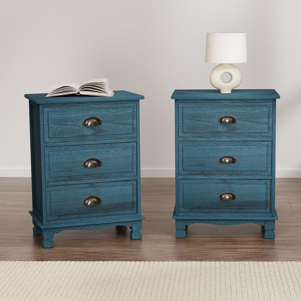 Artiss 2x Bedside Table 3 Drawers Vintage - THYME Blue-Furniture > Bedroom > Bedside Tables-PEROZ Accessories