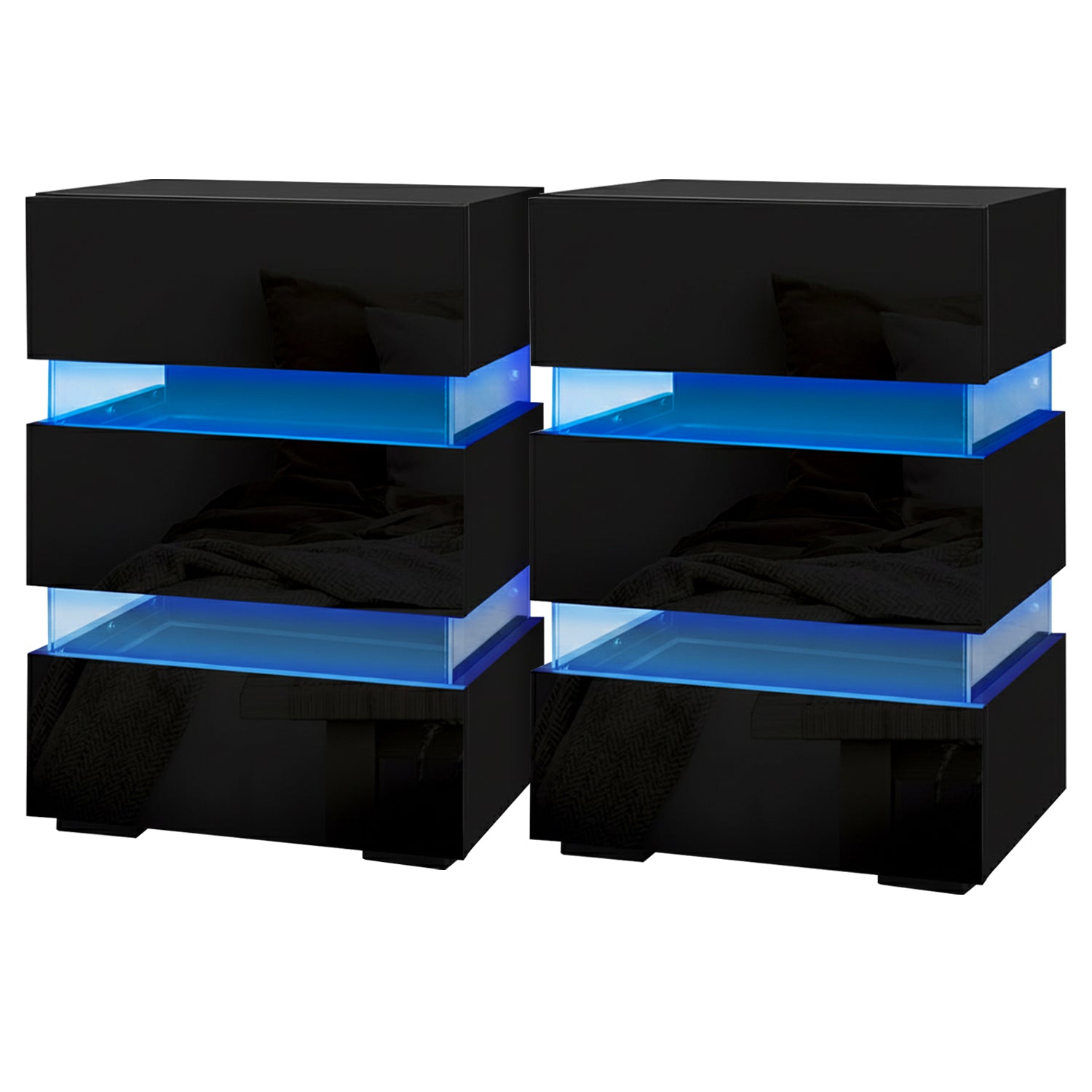 Artiss 2x Bedside Table LED 3 Drawers - LUMI Black-Furniture > Bedroom > Bedside Tables-PEROZ Accessories