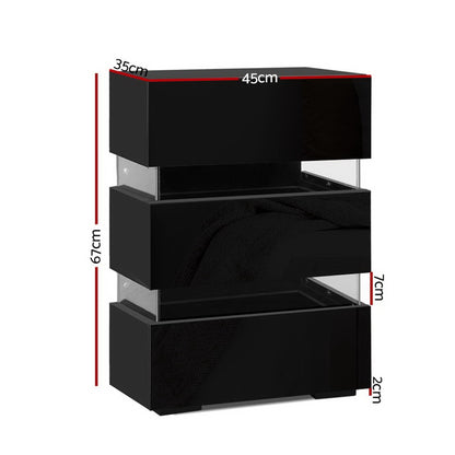 Artiss 2x Bedside Table LED 3 Drawers - LUMI Black-Furniture > Bedroom > Bedside Tables-PEROZ Accessories
