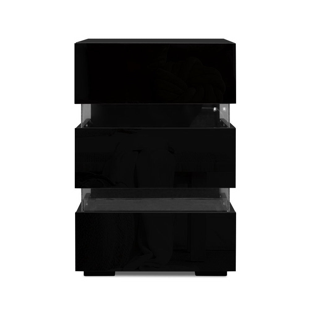Artiss 2x Bedside Table LED 3 Drawers - LUMI Black-Furniture > Bedroom > Bedside Tables-PEROZ Accessories