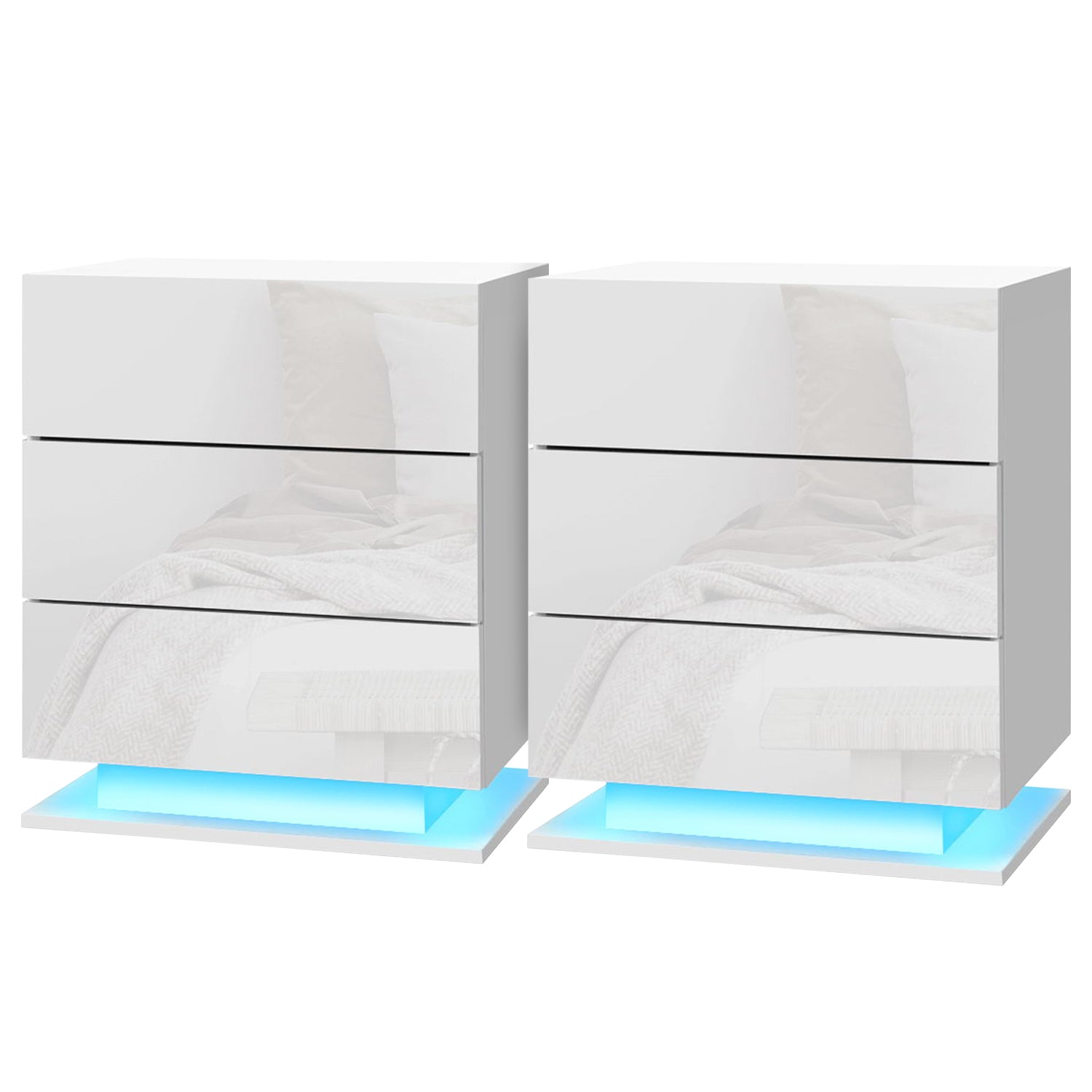 Artiss 2x Bedside Table LED 3 Drawers - MORI White-Furniture > Bedroom > Bedside Tables-PEROZ Accessories