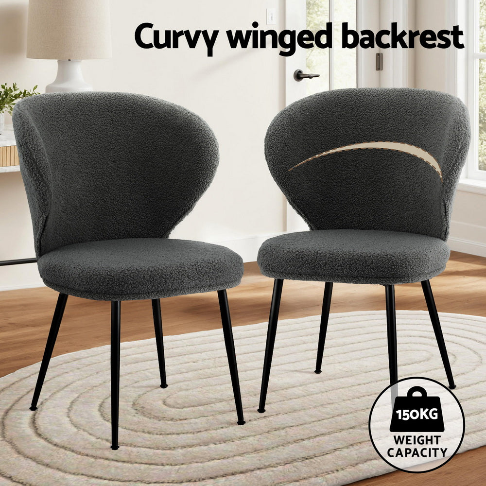 Artiss 2x Dining Chairs Sherpa Boucle Wing Back Grey-Furniture > Dining > Kitchen &amp; Dining Chairs-PEROZ Accessories