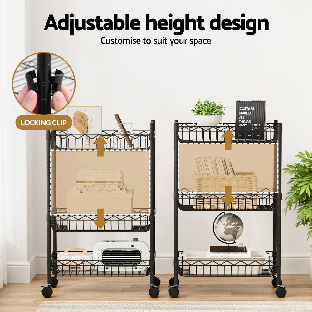 Artiss 3-Tier Shelving Unit Adjustable Garage Storage Kitchen Rack With Wheels-Furniture > Dining > Kitchen &amp; Dining Trolleys-PEROZ Accessories