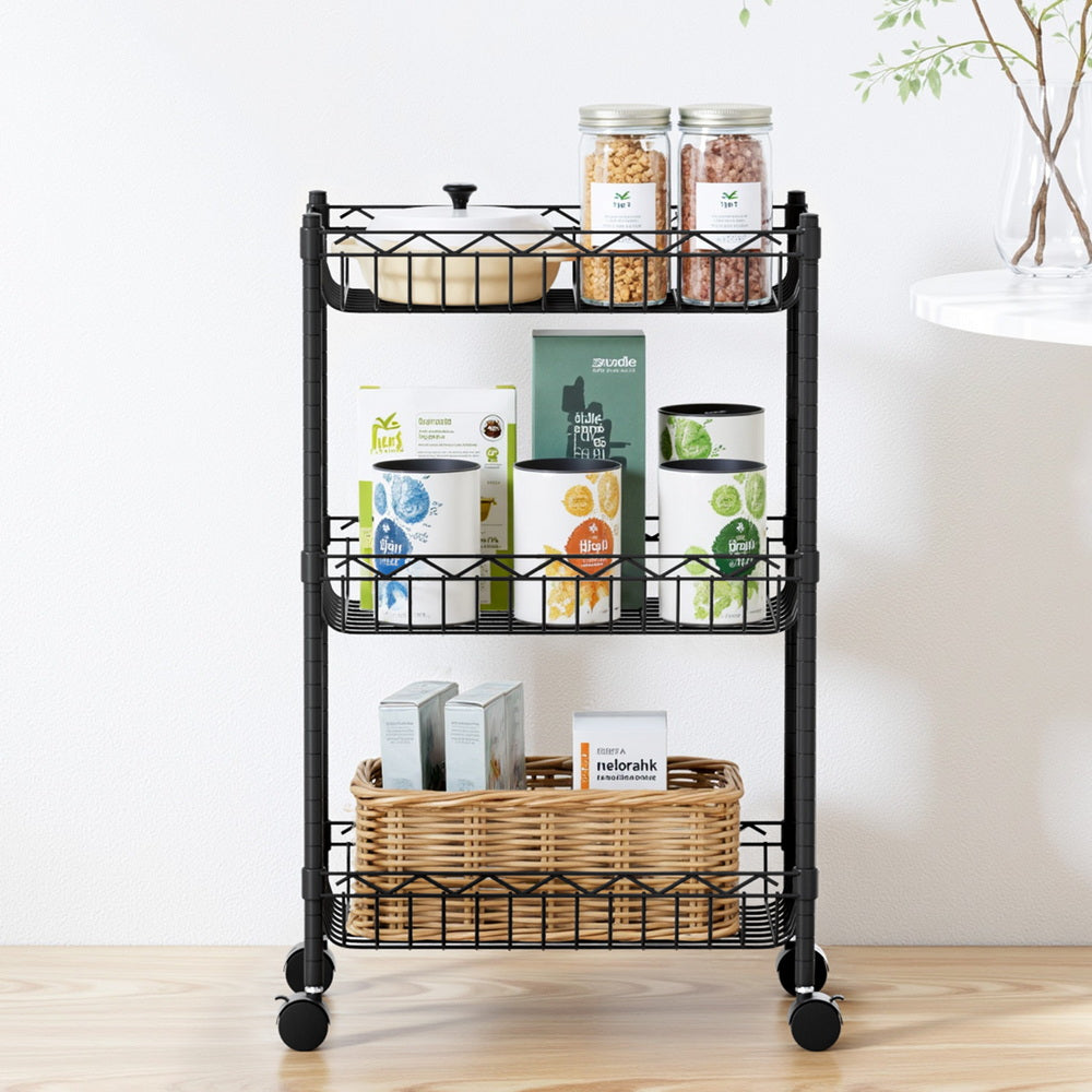 Artiss 3-Tier Shelving Unit Adjustable Garage Storage Kitchen Rack With Wheels-Furniture > Dining > Kitchen &amp; Dining Trolleys-PEROZ Accessories