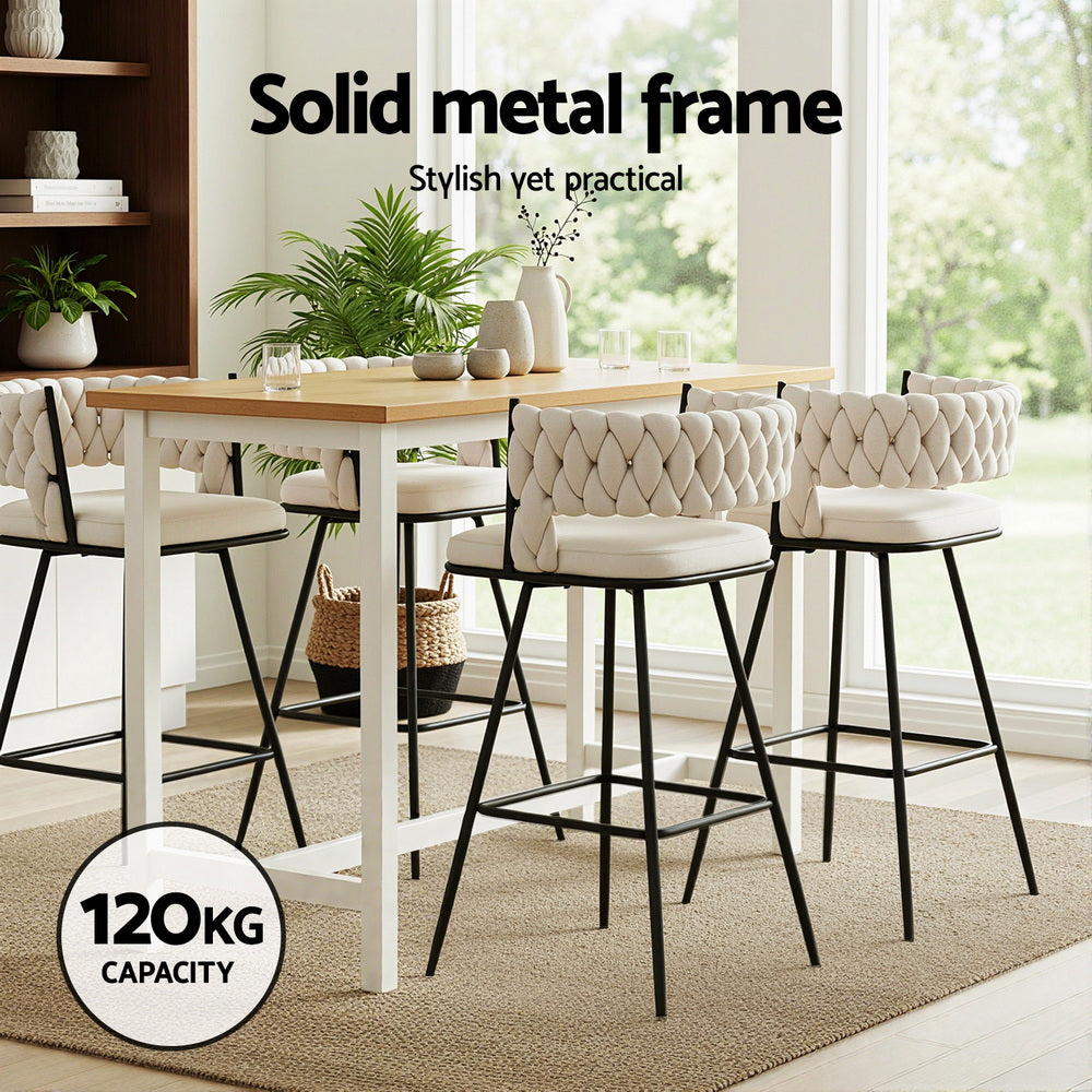 Artiss 4x Bar Stools Kitchen Dining Chair Counter Stool Woven Velvet Metal Ivory-Furniture > Bar Stools &amp; Chairs > Table &amp; Bar Stools-PEROZ Accessories