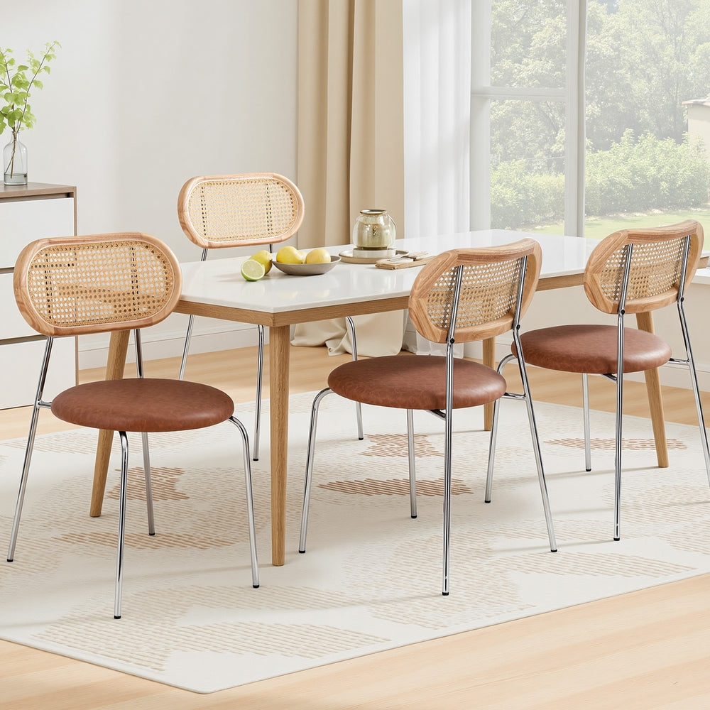 Artiss 4x Dining Chairs PU Leather Rattan Kitchen Lounge Cafe Accent Chair Brown-Furniture > Dining > Kitchen &amp; Dining Chairs-PEROZ Accessories