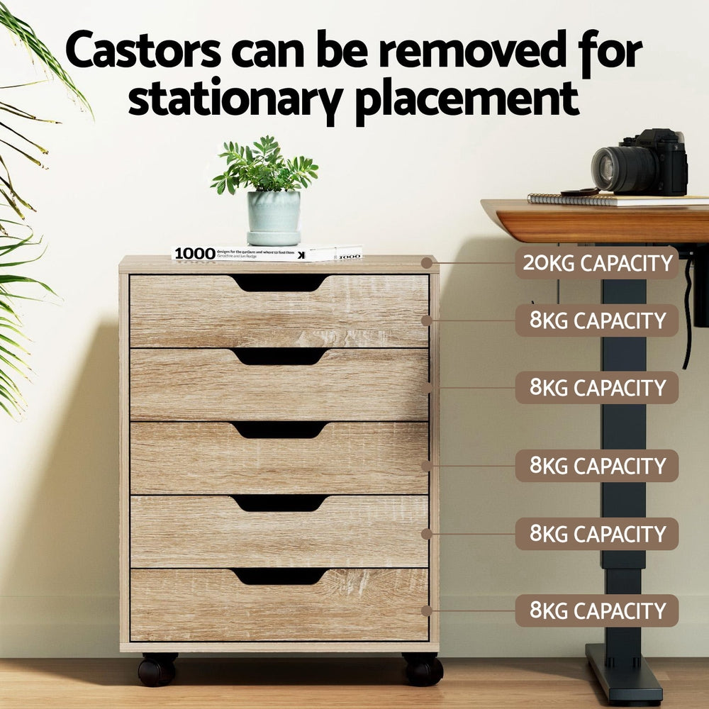 Artiss 5-Drawer Filing Cabinet Mobile Rolling Storage Cabinet Chest of Drawers Stand Scratch Beige-Furniture > Office > Storage Cabinets-PEROZ Accessories