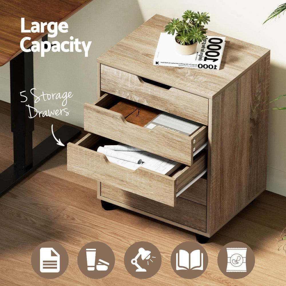 Artiss 5-Drawer Filing Cabinet Mobile Rolling Storage Cabinet Chest of Drawers Stand Scratch Beige-Furniture > Office > Storage Cabinets-PEROZ Accessories