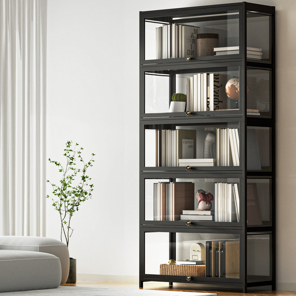 Artiss 5-Tier Display Cabinet Storage Bookshelf Clear Shelf Black-Furniture > Living Room > Bookcases &amp; Shelves-PEROZ Accessories