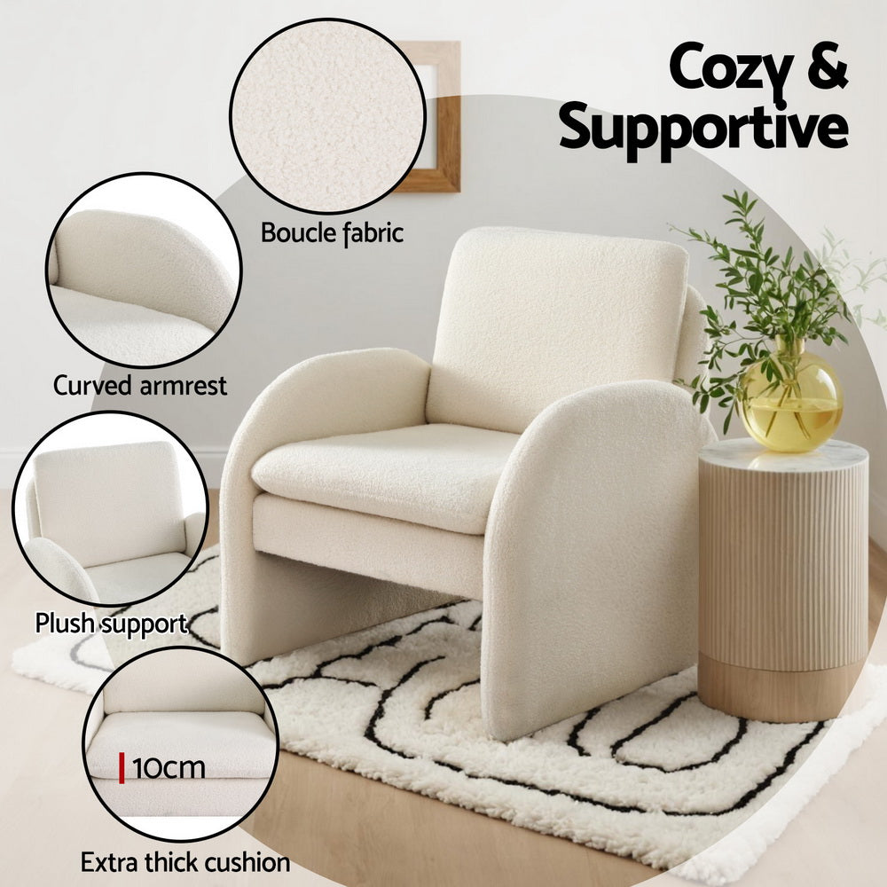 Artiss Armchair Accent Chair Lounge Tub Sofa Couch Curved Arm Seat Boucle White-Furniture > Bar Stools &amp; Chairs > Arm Chairs &amp; Recliners-PEROZ Accessories
