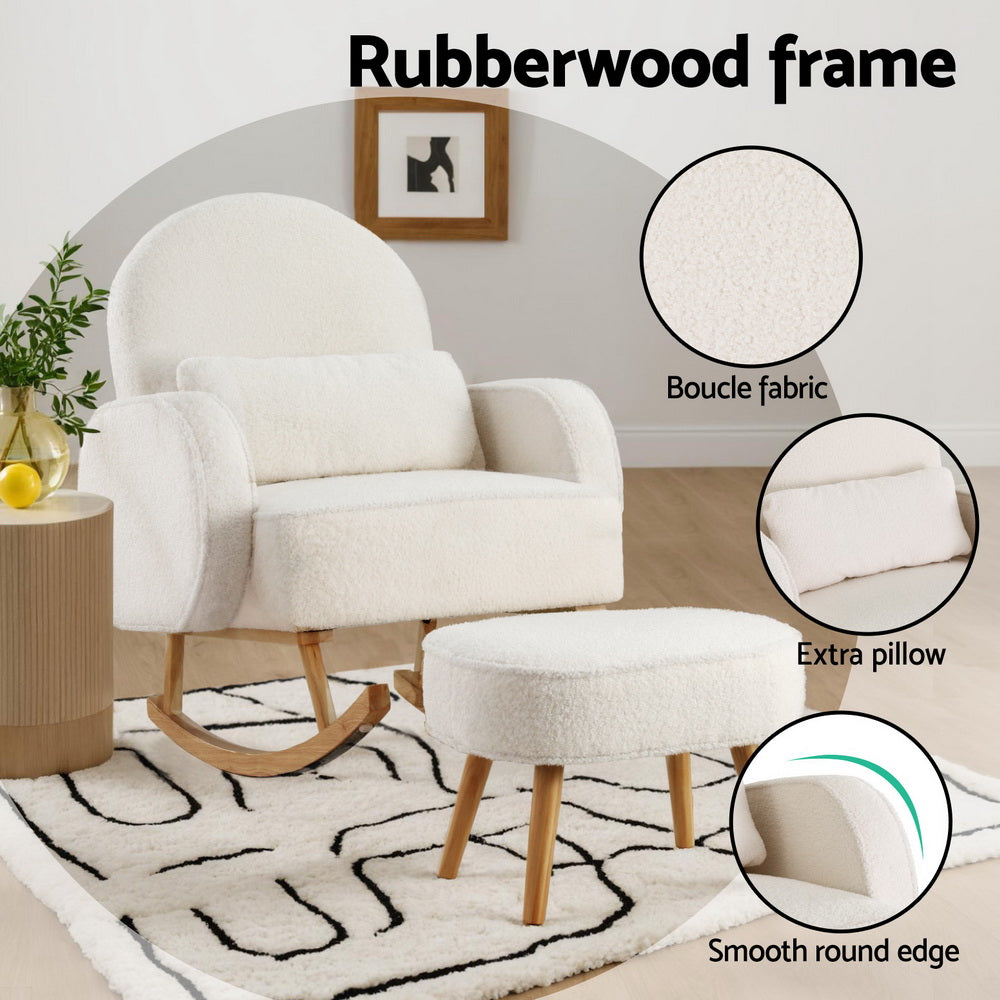 Artiss Armchair Rocking Chair Ottoman Lounge Footrest Round Nursing Boucle White-Furniture > Bar Stools &amp; Chairs > Arm Chairs &amp; Recliners-PEROZ Accessories