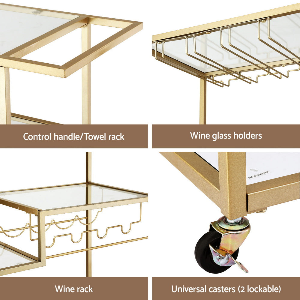 Artiss Bar Cart Drink Trolley Serving Cocktail Wine Rack Glass Holder 102cm Gold-Furniture > Dining > Kitchen &amp; Dining Trolleys-PEROZ Accessories