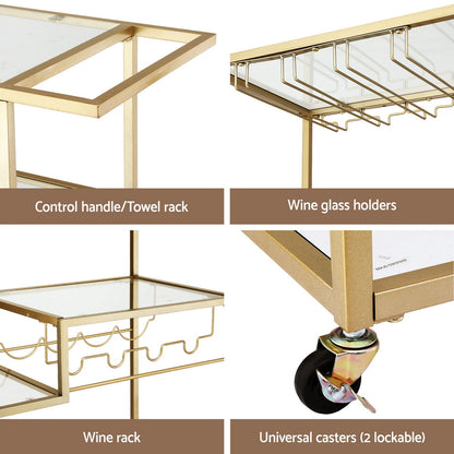 Artiss Bar Cart Drink Trolley Serving Cocktail Wine Rack Glass Holder 102cm Gold-Furniture > Dining > Kitchen &amp; Dining Trolleys-PEROZ Accessories
