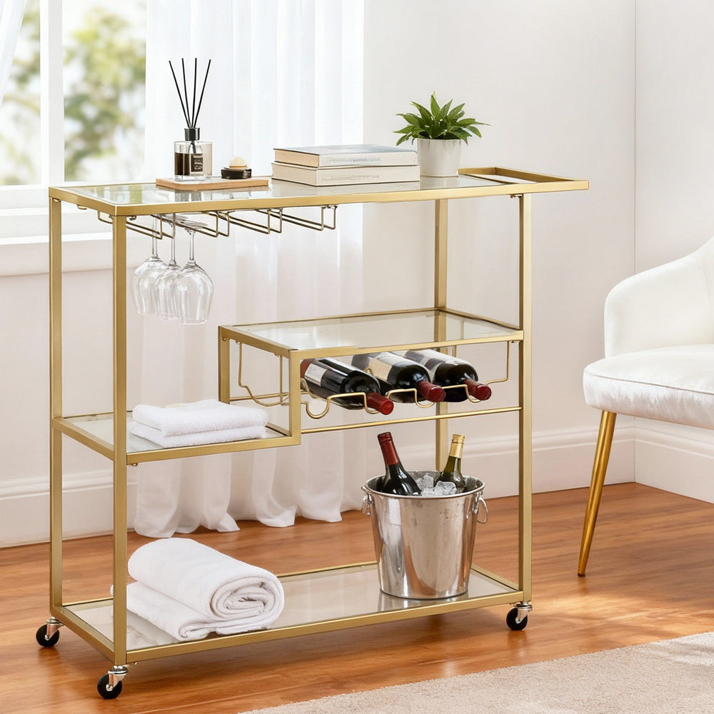 Artiss Bar Cart Drink Trolley Serving Cocktail Wine Rack Glass Holder 102cm Gold-Furniture > Dining > Kitchen &amp; Dining Trolleys-PEROZ Accessories