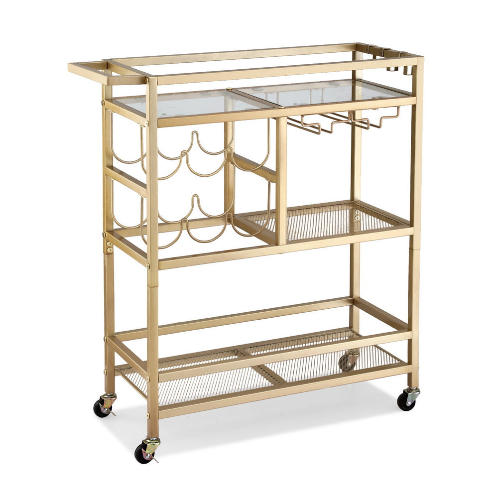 Artiss Bar Cart Drinks Trolley Serving Wine Rack Glass Holder 3 Hooks 72cm Gold-Furniture > Dining > Kitchen &amp; Dining Trolleys-PEROZ Accessories