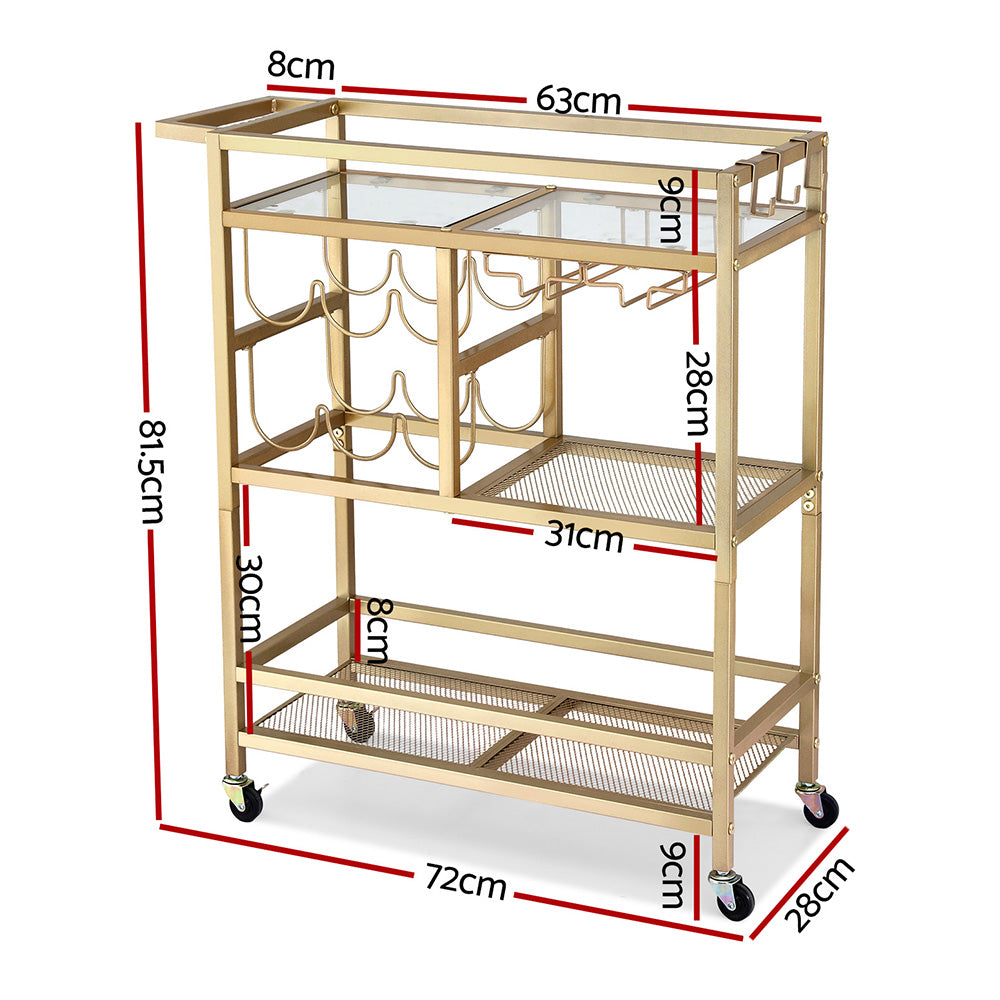 Artiss Bar Cart Drinks Trolley Serving Wine Rack Glass Holder 3 Hooks 72cm Gold-Furniture > Dining > Kitchen &amp; Dining Trolleys-PEROZ Accessories
